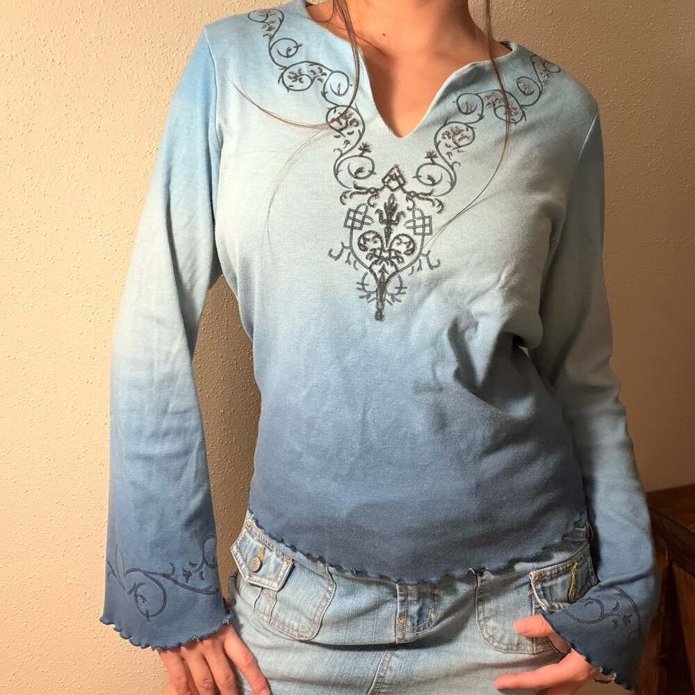Assoluto Y2K Blue Ombre Long Sleeve Top with Embroidery and Rhinestones